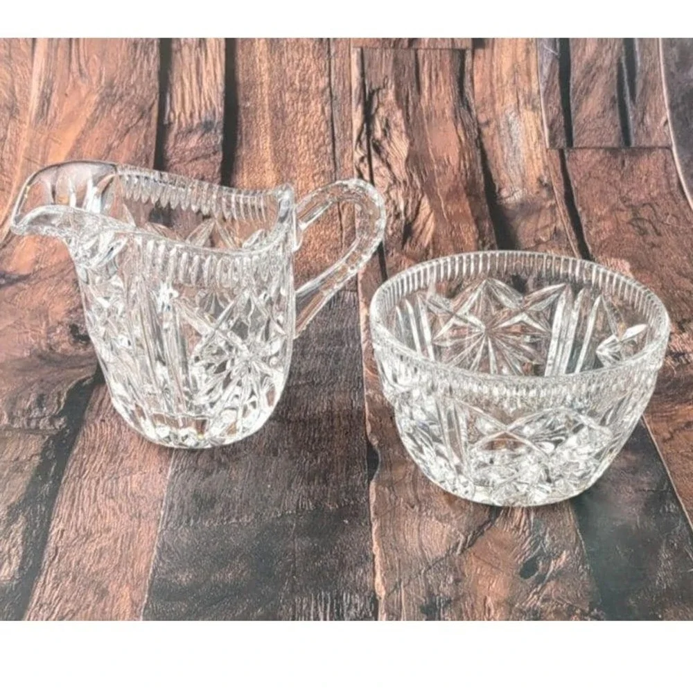 VTG Cut Glass Crystal Creamer & Sugar Bowl Set MCM Starburst Elegant‎ Design
